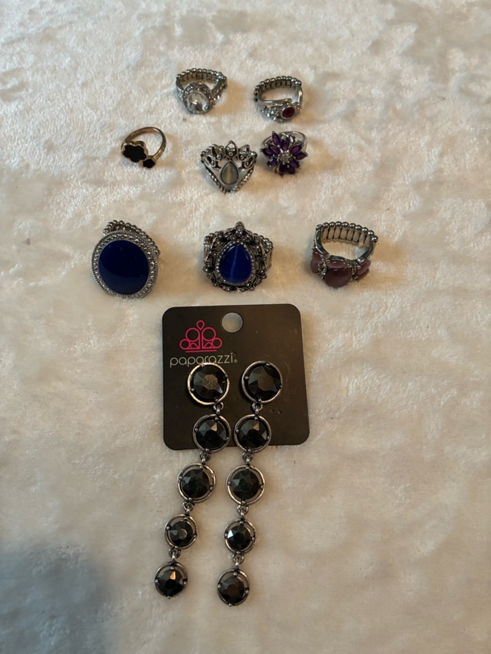 Paparazzi Black Gem Long Drop Earrings and Mixed Rings Set